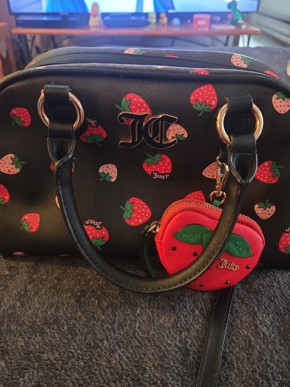 Juicy Couture Black Strawberry Print Satchel with Red Strawberry Coin Pouch